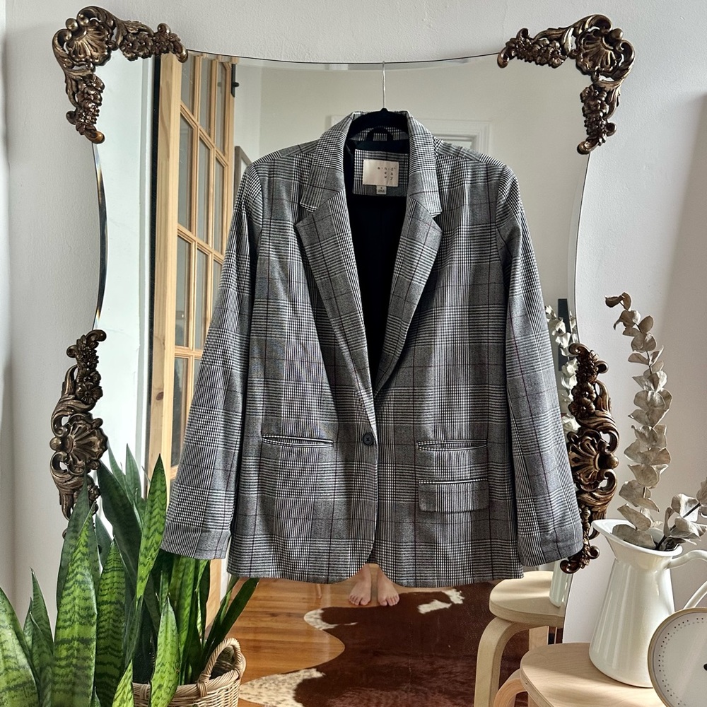 a new day Grey Tattersall Single Breasted Stretch Blazer